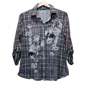David Cline Plaid Floral Crinkle Button-Up Top – Size M – Made in USA